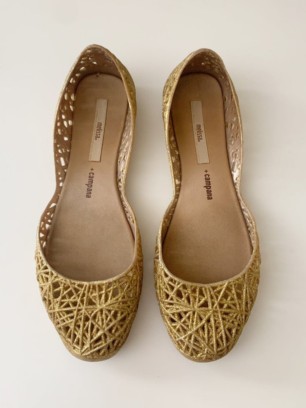 Melissa + Campana Zig Zag Gold Glitter Jelly Flats • Women's 8